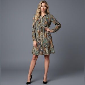 Boho Paisley Print Lantern Sleeve Ruffle Hem Dress